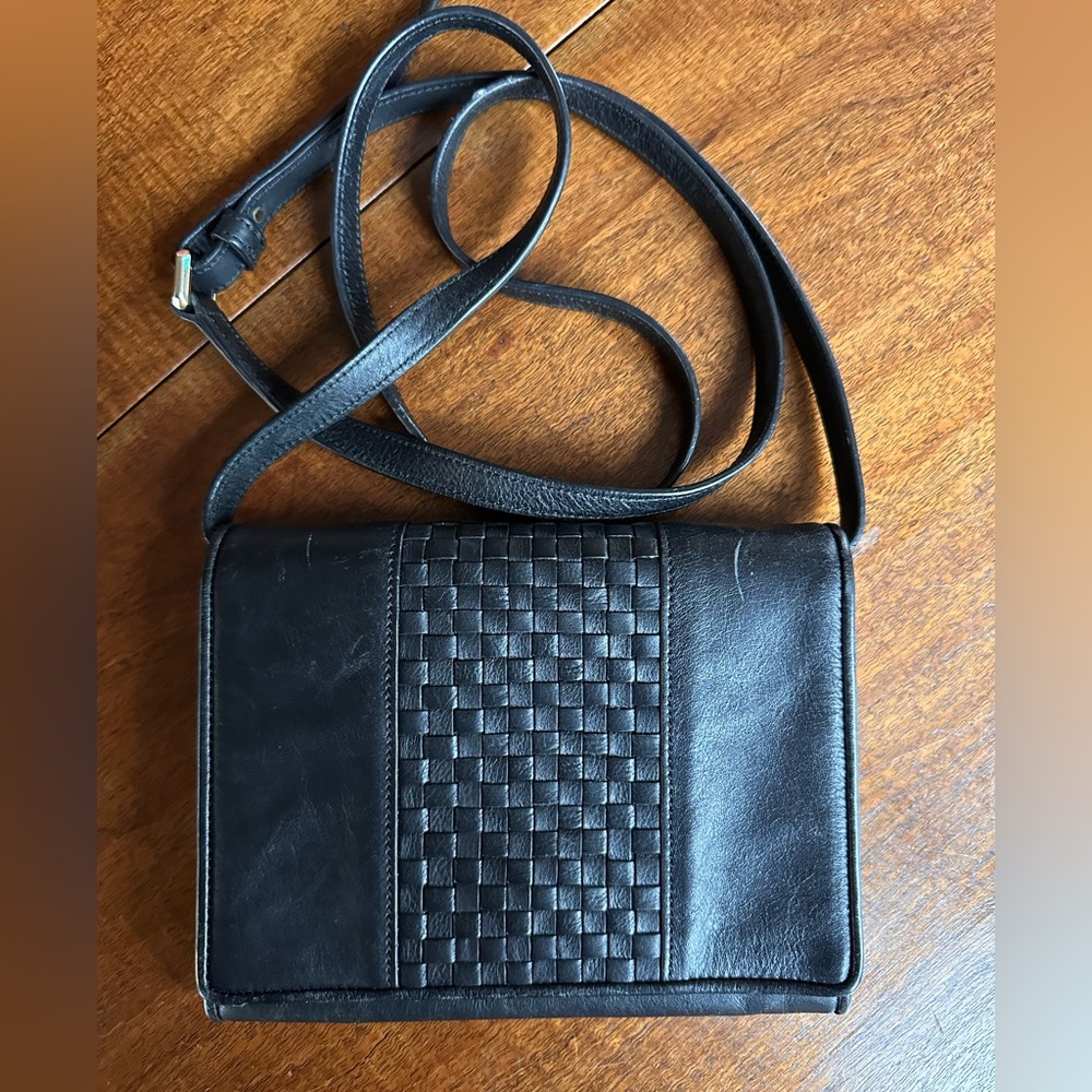 Cole Haan Brennan Style Black Woven Leather Convertible Crossbody Wallet Clutch